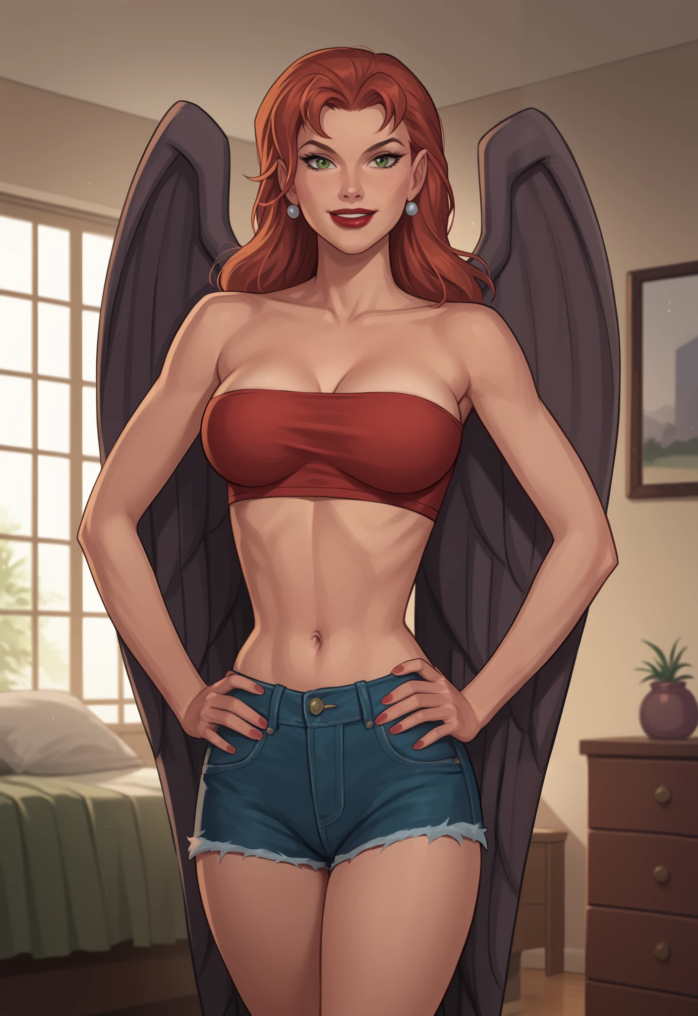 safe_pos, PonyXLV6_Scores BREAK ((retro artstyle, parody)), perfect anatomy, cowboy shot) shayera hol, wings, mid-length curls hair, green eyes, ((looking at viewer)), superhero, red tube top, red jean shorts, curvy, athletic, large breasts, standing, indoors, smile, bedroom , happy expression, red lipstick, hands on hips, seductive pose,