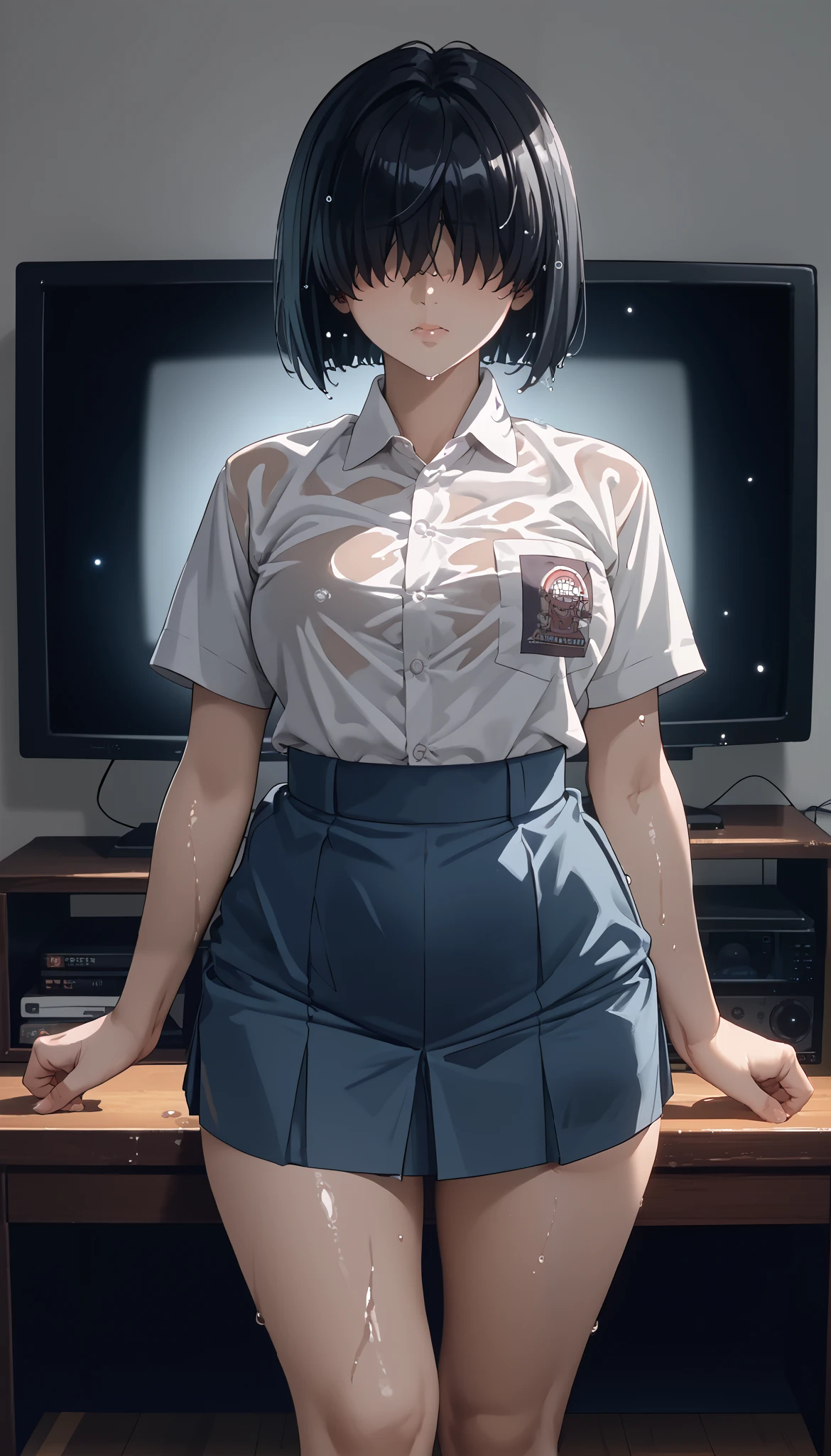 score_9, score_8_up, score_7_up, source_anime, Kaori sakaki,1 girl,alone,black hair, short hair,wide hips,hair covering eyes, Indonesia high school uniform,big breast, perfect body, Television, through the screen, wide legs,hips up, photo art, high detail, high resolusi, best quality, Behind the TV screen, dim lights, television light, wet body,
