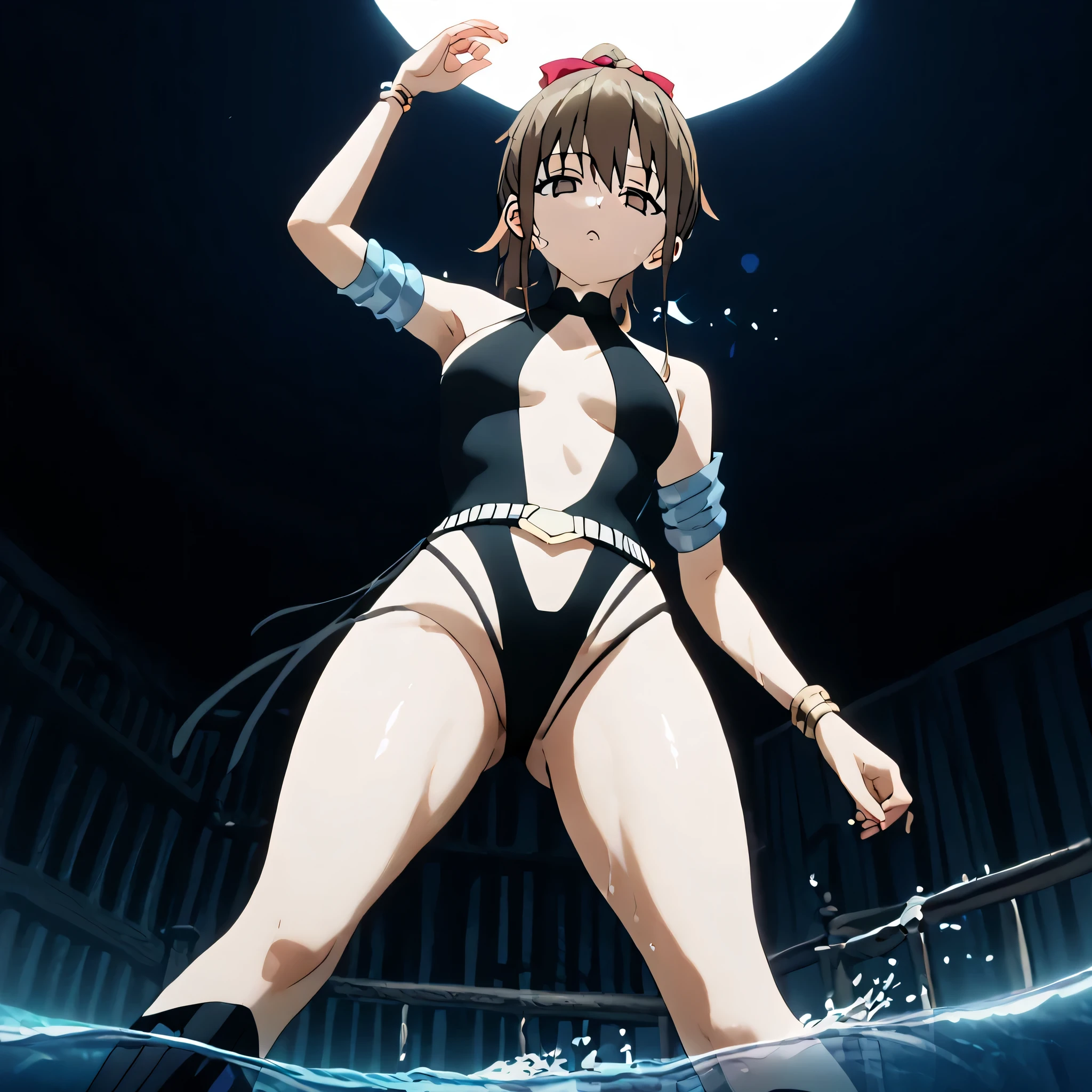 (((Masterpiece))), (((Best Quality))), ((Super Detail)), ultra-High resolution, score_9,score_8_up,score_7_up,score_6_up,score_5_up,score_4_up, BREAK, source_anime, anime screencap, uncensored, rating_explicit, Masterpiece, (best shadow), (absurdres), (detailed background), (very aesthetic), shiny, detailed beautiful eyes, outstanding, countershading, detailed soft lighting, an exquisite animation illustration, curvy, dark persona, empty eyes, blank eyes, looking at viewer, Fighting Stance, horizontal pupils, (((black leotard, clothing cutout))), high heel boots, knee boots, circlet, armlet, bracelet, belt, halterneck, (((solo, 1girl))), hair ornament, ทำกรีท breast, hinagiku, brown eyes, brown hair, ponytail, red bow, (((seductive pose, submissive pose))), water background, river background, submerged, soak, wet body, looking from below, from below, view from below