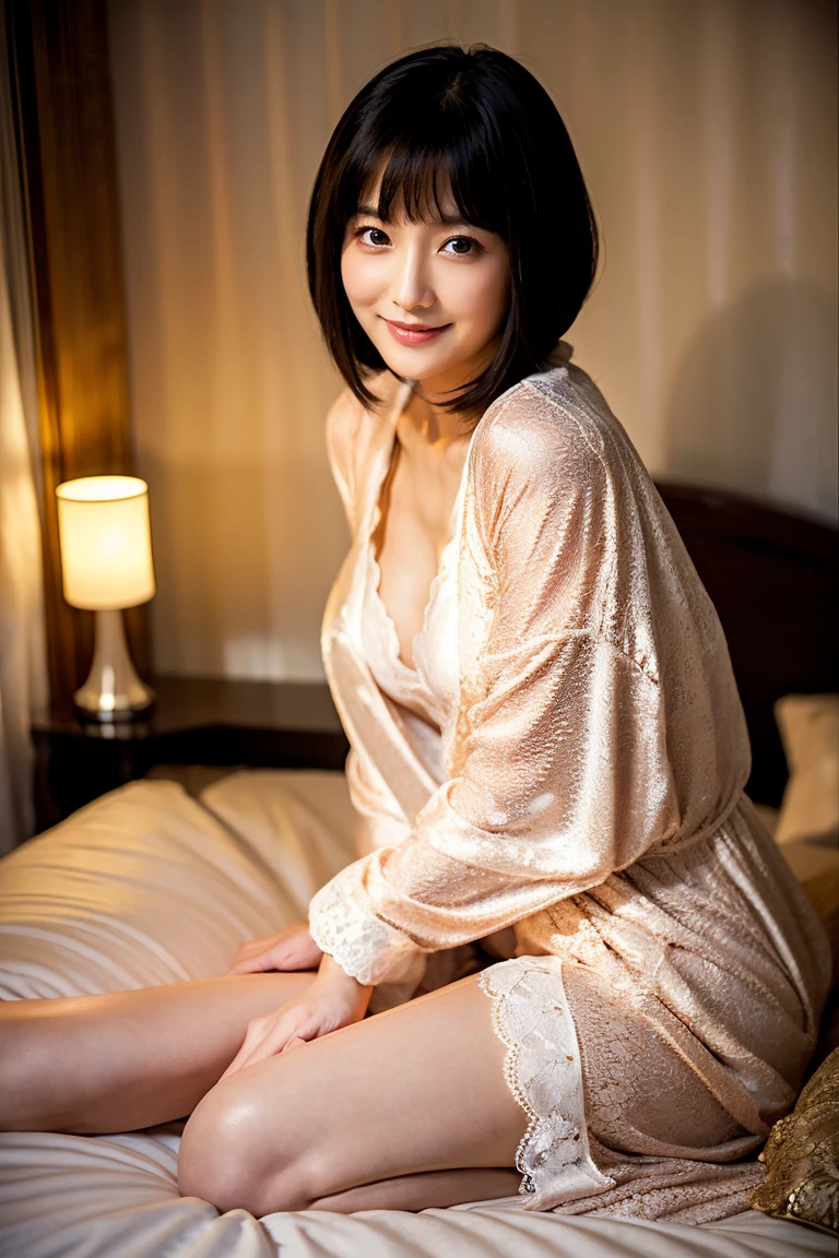 slender, mature Japanese female, (50 years old), Glamour, sexy, 1girl, long Hair, brown hair, bangs, nose, indoors, brown hair, large breasts, solo, bangs, wing collar, eyebrows visible through hair, nestled in the plush, white linens of her hotel bed, She’s wearing Frilly black lace babydoll and matching shorts, (lie on one’s back, on bed, spread legs:1.3), with the morning light filtering through sheer curtains behind her. Her expression is peaceful, with a subtle smile, embodying a relaxed start to the day.  seductive woman, beautiful attractive woman, The opulent headboard and the fluffy pillows frame her, highlighting the luxury of her surroundings