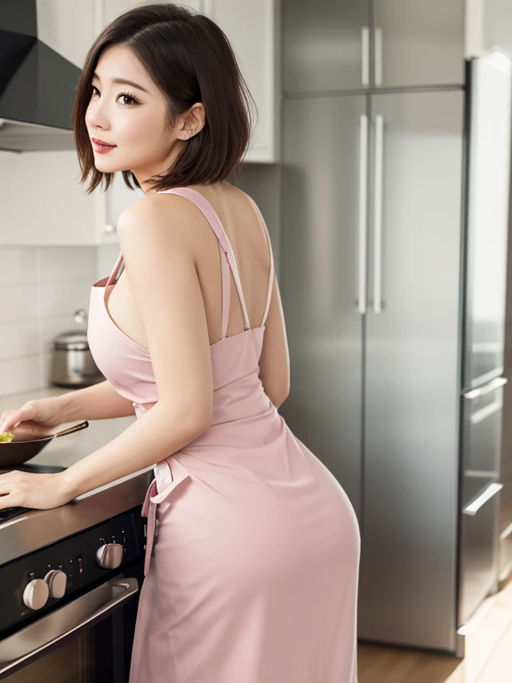 (A masterpice、Best quality at best、ultra hyperrealistic、flawless anatomy、Symmetrical limbs、Five fingers of a person、Beautiful Korean Woman、goddess of Japan、Big Chest、Double eyelids、Lustrous skin、Arms straight down)、Woman posing in kitchen wearing apron from naked top、Beautiful Asian Woman、Smile, Apron on sexy skin, Sexy angles on camera, Realistic kitchen、back pose