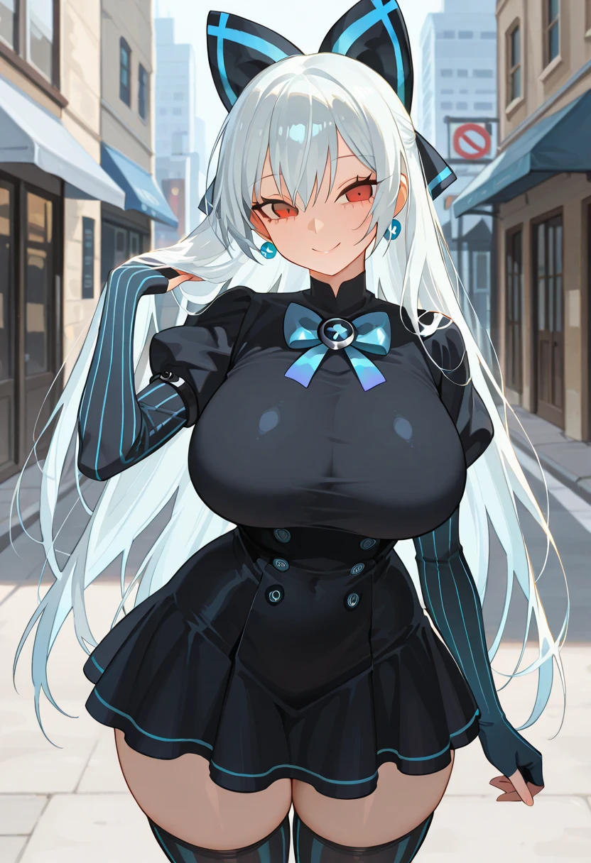 Masterpiece, source_anime, top-quality, perfect anatomically, correct anatomy, sharp focus, 4K, 8K, anime girl, highres, youthful, 1girl, solo, bright skin, Tokarev (Girls Frontline), white hair, long hair, red eyes, eyelashes, bangs, curvy, highres, tall:1.3, slim waist, standing, very big breasts, huge breasts, large breasts, huge breasts:2.5, thick breasts, thick hips, thick thighs, beautiful shape breasts, gothic dress outfit, black dress, black stockings, earrings, long sleeves, black fingerless gloves, outdoor, public, street, daytime, seductive eyes, smile, front view, close up, upper body, safe for work