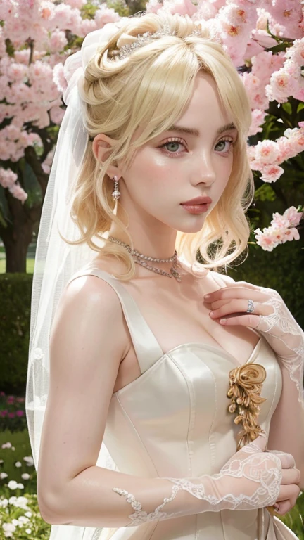 masterpiece,Highest quality,Very detailed,beautiful girl,white goth prom dress,Frills,bride,Silver Tiara,Earrings,bouquet,Blonde,A lot of gems,Soft lighting, teenager,Perfect Face,Beautiful and detailed eyes,Glowing green eyes,Beautiful Skin,skinny,Small breasts,Dynamic,A magnificent churchyard,Lots of flowers,Flower Shower