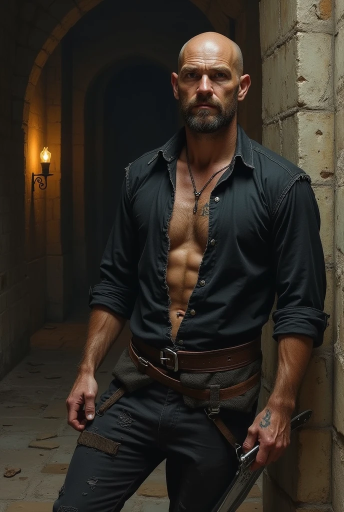 (photorealism:1.2), beautiful man, blue eyes, black hair, shirtless, stocky, armor pants, short straight hair, indoors, dark lighting, daggers in the background, cozy room, candles, mischievous pose, realistic, intricate details, warm colors, hot.