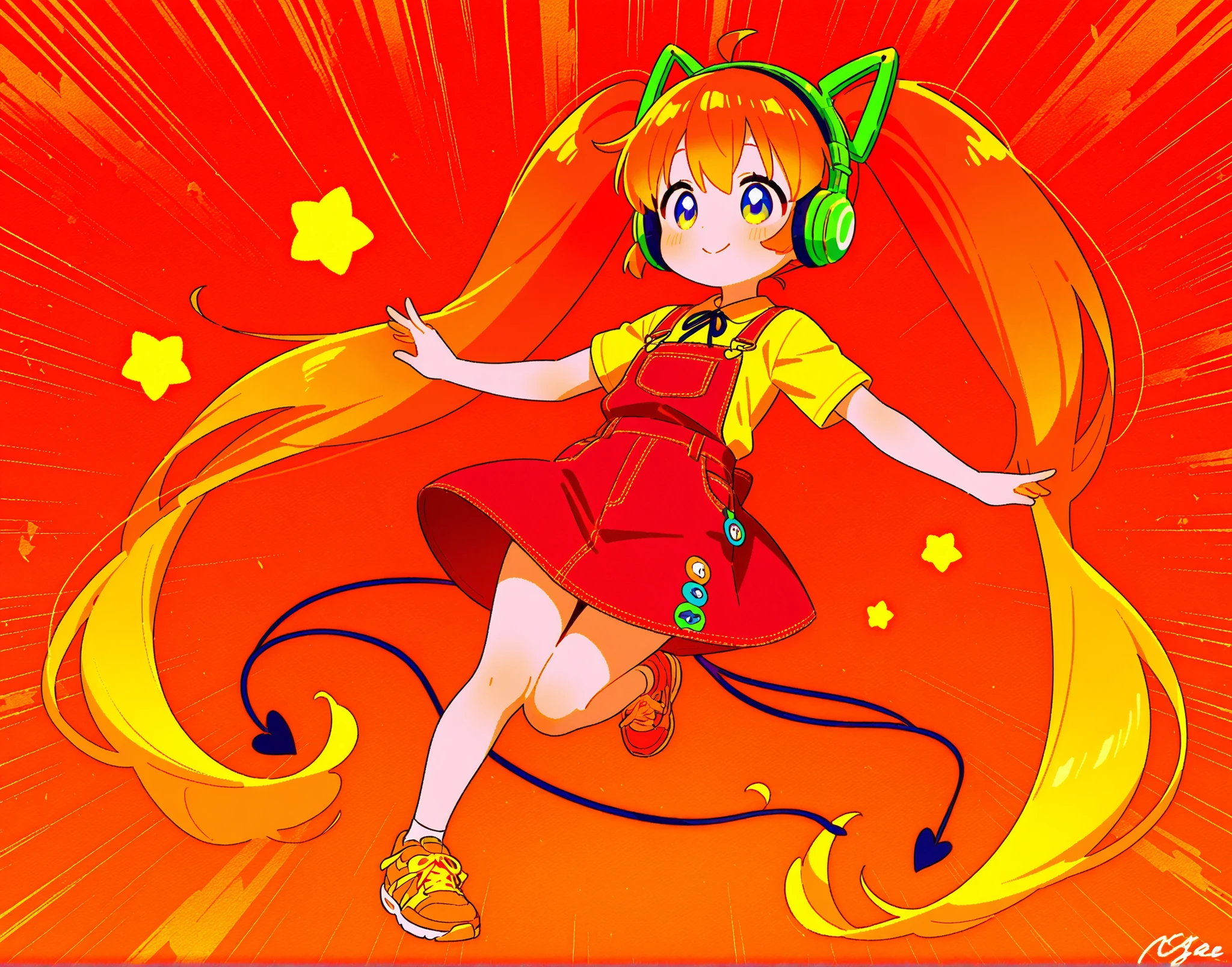 twin tail girl、The color of the hair is orange、 cute、 pop、High-quality digital artwork of Japanese anime characters、red simple costume、overall round face and body、is wearing green headphones、 have big eyes、Good at dancing、Anime footage of them actively dancing、 full body image from the front 、The background is Japanese disco、Deformed comical anime footage、
