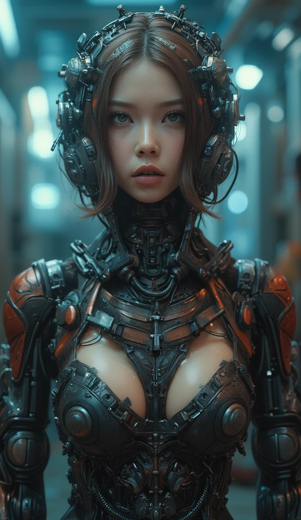 Intricate 3d rendering of highly detailed beautiful female cyborg, beautiful girl face, red hair, human torso, mechanical limbs, 150 mm, beautiful studio soft light, rim light, vibrant details, luxurious cyberpunk, lace, surreal, anatomy, facial muscles, cables wires, microchip, elegant, beautiful background, octane rendering, HR Giger style, 8k, best quality, masterpiece, illustration, very delicate and beautiful, very detailed, CG, unity, wallpaper , (fidelity, fidelity: 1.37), amazing, fine detail, masterpiece, best quality, official art, very detailed cg unity 8k wallpaper, absurd, unbelievably absurd, robot, full body