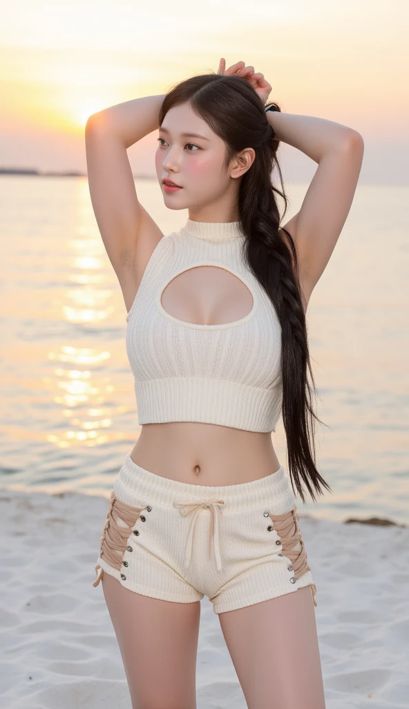 (highest quality, 8K, Award-winning work, ultra high resolution), one beautiful woman, (white crop top:1.5), (pink Short skirt:1.3), Exactly, straight brown hair, cleavage, Look at me, (medium breasts:1.1), (Most emphasize the body line:1.1), accurate anatomy, ultra high definition hair, Perfect and beautiful teeth in ultra high resolution, Ultra high definition beauty face, ultra high definition hair, ultra high-resolution beautiful skin, ultra high resolution, beach background