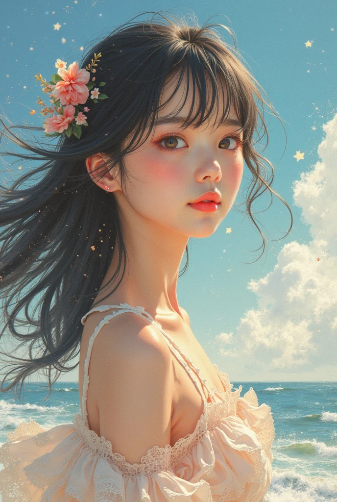 (A masterpiece of the highest quality:1.2)、Very detailed illustrations,Perfectly shows the girl in the doomsday beach scenery。In the silence of the night、There is an atmosphere that is both sad and hopeful.。 The Girl sits on the soft vegetation of the sandy beach、A figure appeared in the cloudy sky。The Girl'Unspecified clothing.、Her figure、it'Such exquisite rendering,Make every crease and texture clearly visible.。Her hair flutters in the wind、Low light in HDR landscapes