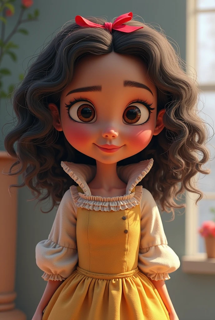 Create a 3D illustration of an animated character, one with curly hair up to shoulder height, bright dark brown eyes, reddish cheeks, small, well-designed mouth, light brown skin dressed as Snow White and the Snow White theme in the background.
