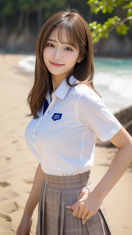 1girl, solo, (uniform), standing, at the beach, beautiful realistic ocean scenery, seductive smile, thick breasts, smooth skin, tight white shirt, grey blue short skirt, looking at the audience, low angle shot, (zoom out: 1.4), (8k, RAW photo, best quality, masterpiece: 1.2), (realistic, realistic: 1.37), ultra-high resolution