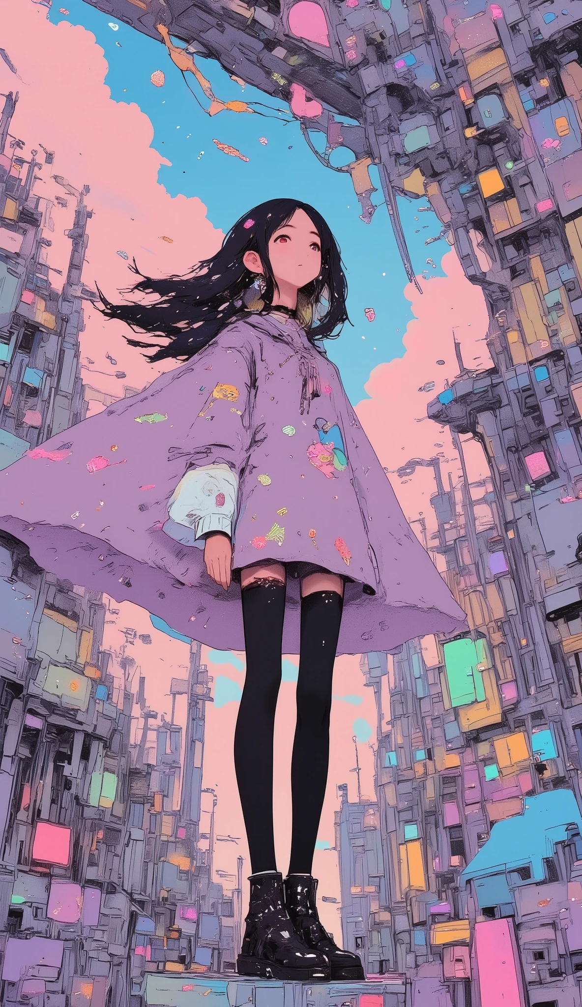 a heroic landing of a super powerful girl, heroic and powerful looking young girl, face with kind and determined features, the cape fluttering, landing softly with a dynamic pose, futuristic cityscape of skyscrapers, bright lights , dramatic sky, technological artifacts, super detailed , artistic concept style, highly realistic digital painting, 4k, hdr, studio lighting, vibrant colors