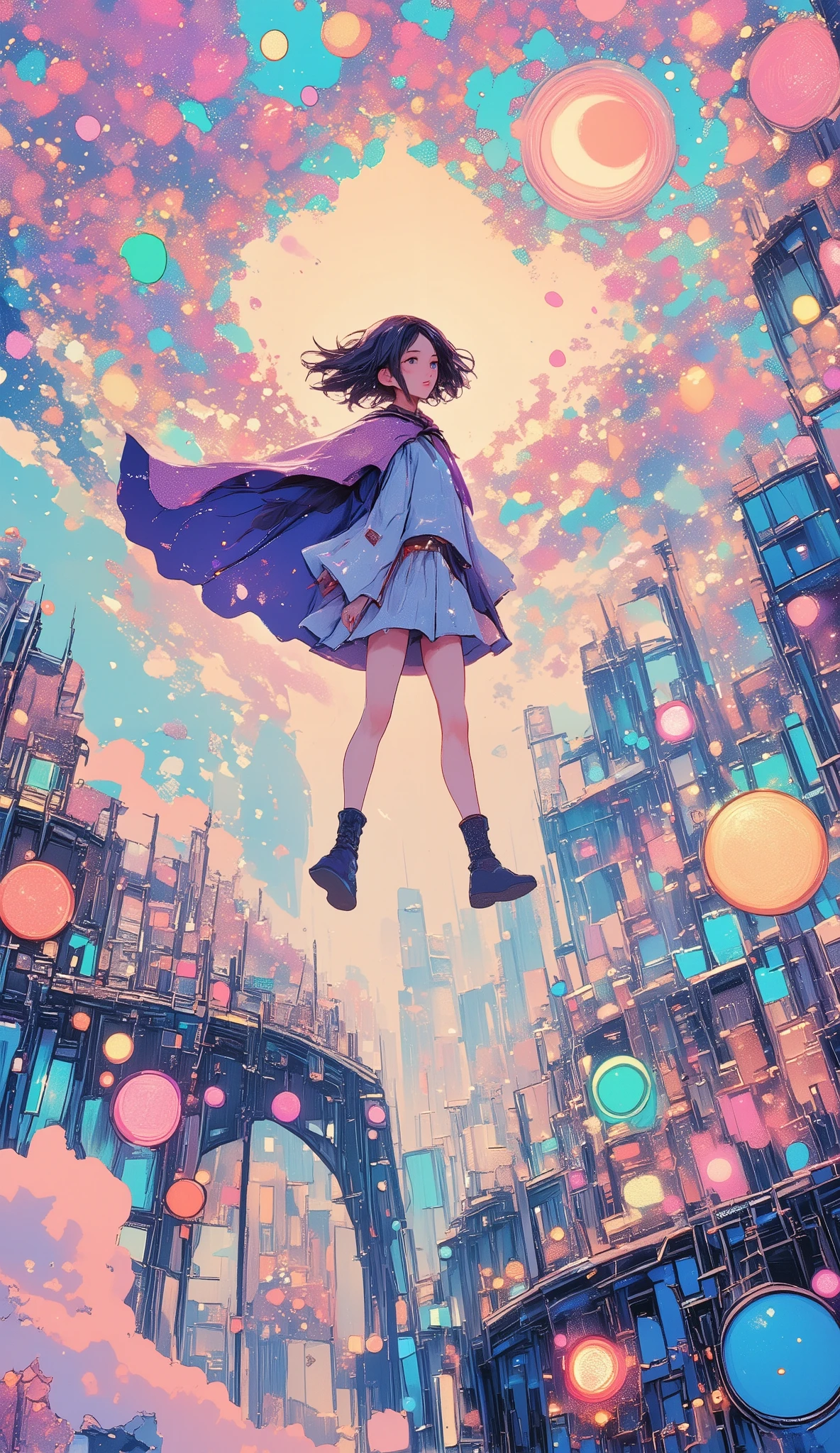 a heroic landing of a super powerful girl, landing pose:1.5, heroic and powerful looking young girl, face with kind and determined features, the cape fluttering, landing softly with a dynamic pose, futuristic cityscape of skyscrapers, bright lights , dramatic sky, technological artifacts, super detailed , artistic concept style, highly realistic digital painting, 4k, hdr, studio lighting, vibrant colors