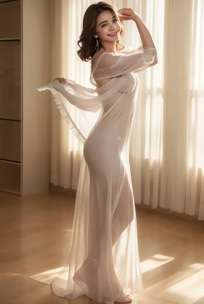 (8K, Top-quality, Hyper-realistic, Masterpiece:1.3), (Crisp focus:1.2), (Full-body shot:1.3), (Beautiful actress Mel Maia in a stunning nude pose:1.5), (Flawless skin, exquisite figure:1.4), (Long brown hair cascading down her back), (Wearing only a sheer white shawl:1.4), (Captivating eyes that draw you in), (Sensual lighting that enhances her natural beauty), (The perfect blend of innocence and allure), (Mel Maia's radiant smile lights up the room), (Elegant and graceful posture), (Revealing just enough to leave you wanting more), (