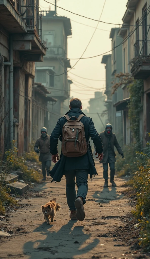 Survivors running from humanoid cockroach standing in a post apocalyptic destroyed building(Long Shot), Surrounded with a cluster of cockroaches around him on the walls. Eerie, Creature, Hyper Realistic.