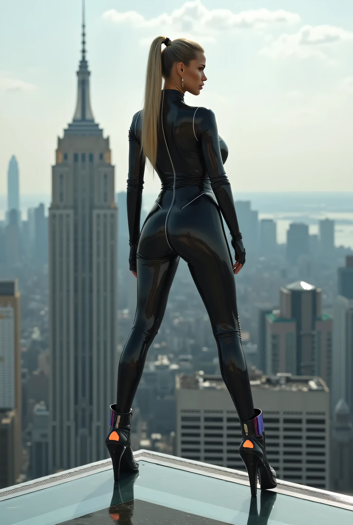 M1K4YL4, 35 years slim tall woman wearing a black shiny wetlook Latex SymbioteSuit , high Heel holographic Latex Boots , giant breasts, Long light blonde pony tail, standing on a skyscraper roof with Both legs spreaded , Ultra realistic, 8K, view from close of the ground to above