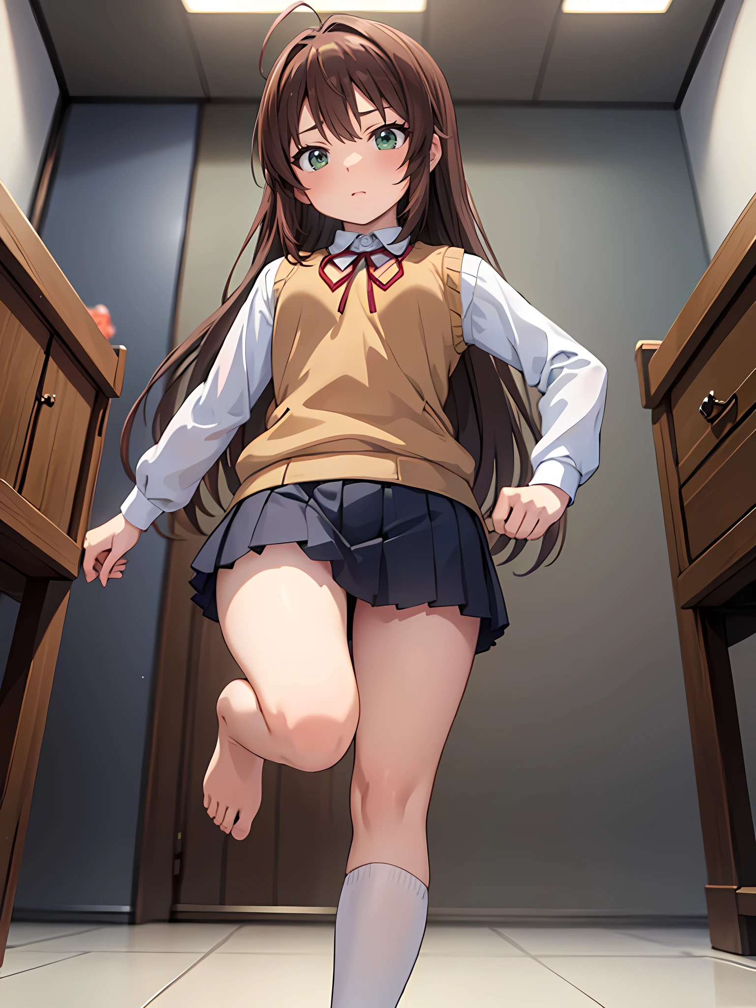 (masterpiece, top quality), EXTREMELY detailed CG Unity 8k wallpaper, high definition, bold composition, masterpiece, best quality, amazing quality, very aesthetic, high resolution, ultra-detailed, absurdres, newest, scenery, depth of field, voLumetric lighting , artistic composition, Anime screencap, 1 girl, , view from front, EdobUruseiYatsura, non-committal, dwarf, _girl, , school_uniform, sweater vest, neck ribbon, brown_hair, long_hair, green_eyes, blush, antenna_hair, bangs, anime, full body, from below, show me the soles of my feet, Close-up of legs, barefoot, 白いパンティ