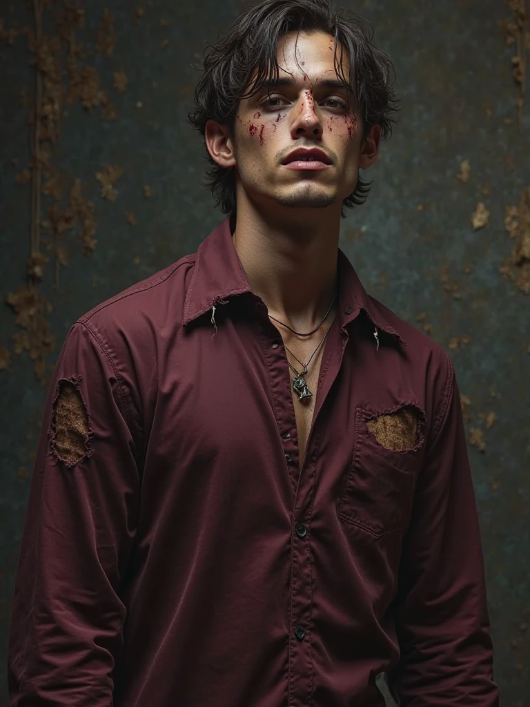 Halloween special: a 19 year old teenage boy looking at the viewer Like a lot of hate in his red and dark eyes, background of a graveyard full of blood, full face of blood, full of blood, whole body