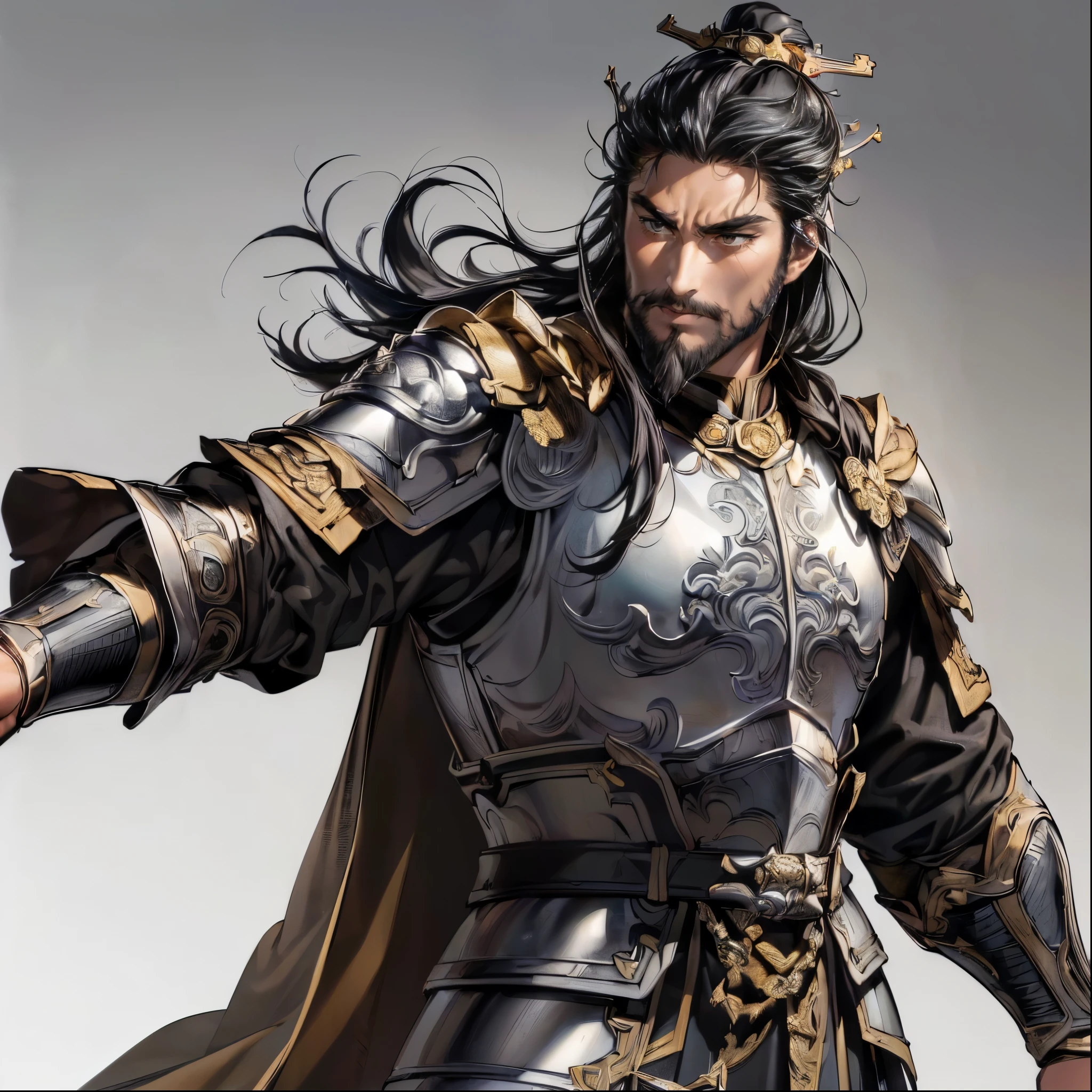 (Highest quality,4K,8k,High Resolution,masterpiece:1.2),super detailed,(super fine illustration),(((One Man in Armor))),40 years old,Heroes of the Three Kingdoms,characteristic beard、 detailed eyes :1.2, perfect eyes,(( Attractive Dark Eyes )),(((long black hair:1.3))),((Thin eyebrows, well-trained body)),cinematic lighting, soft shadows,((ancient Chinese silver armor with engravings leading up to detailed works of art:1.3, with arms crossed :1.3,large yellow cloak:1.3)),((cowboy shot:1.2)),(( WHITE BACKGROUND :1.3,simple background:1.3)),(( standing:1.3,Depicted like a Model:1.3,Distant view:1.2,from side)