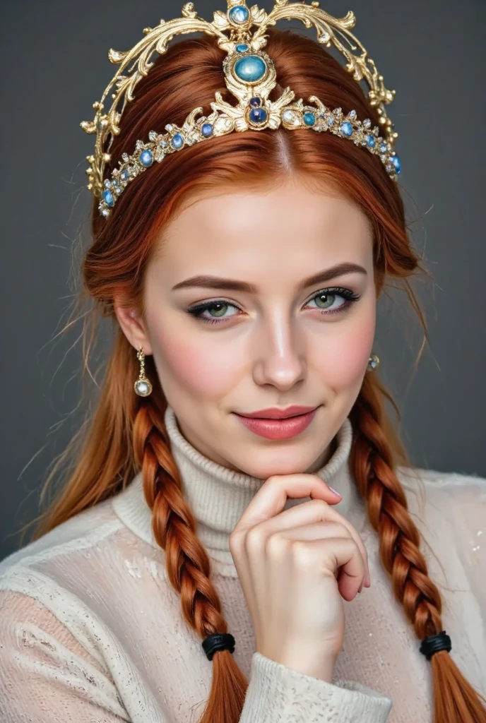 a beautiful empress portrait, blonde hair, perfect blue eyes, with a brilliant, impossible striking big Christmas headpiece, clothes Santa robes, everything Christmas, snow, symmetrical, dramatic studio lighting, rococo, baroque, greens, asian, hyperrealism, closeup, D&D, fantasy, intricate, elegant, highly detailed, digital painting, artstation, octane render, 8k, concept art, matte, sharp focus