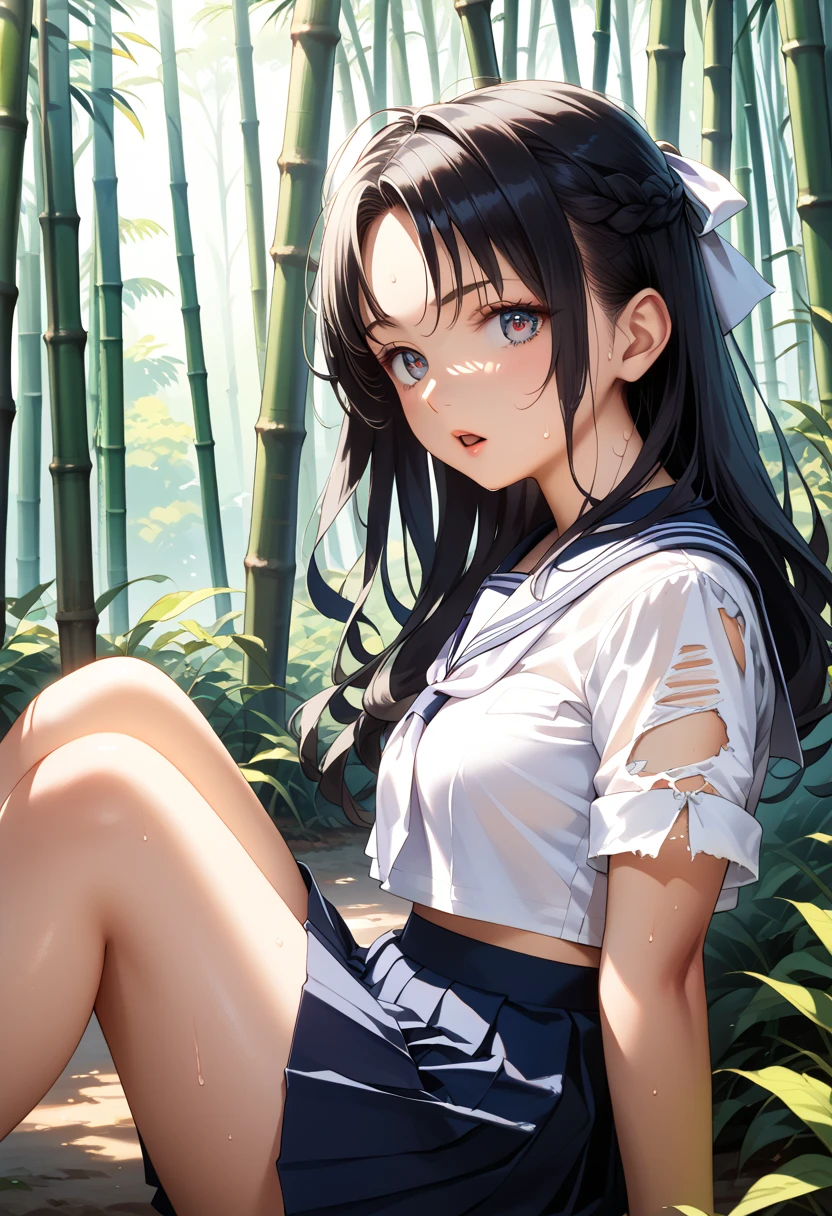 art by Cornflower, dreamy, (masterpiece, best quality, perfect ???????, beautiful face, realistic, ultra detailed,1girl,18ears old,solo,depth of field,Canon 24mm Lens,f1.4,cute_girl,sailor_ collar, clear facial features, short sleeves, large breasts, thin stature, height 170, barefoot, double ponytail, bangs, gravure pose, hands between legs, outdoors, jungle, blurred background, (uwabaki: 1.1576))