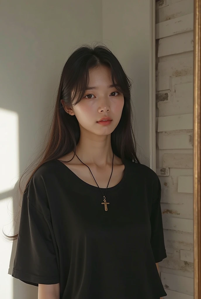 20 year old Asian woman, short straight black hair, with a nun's habit, in underwear, sitting showing her legs