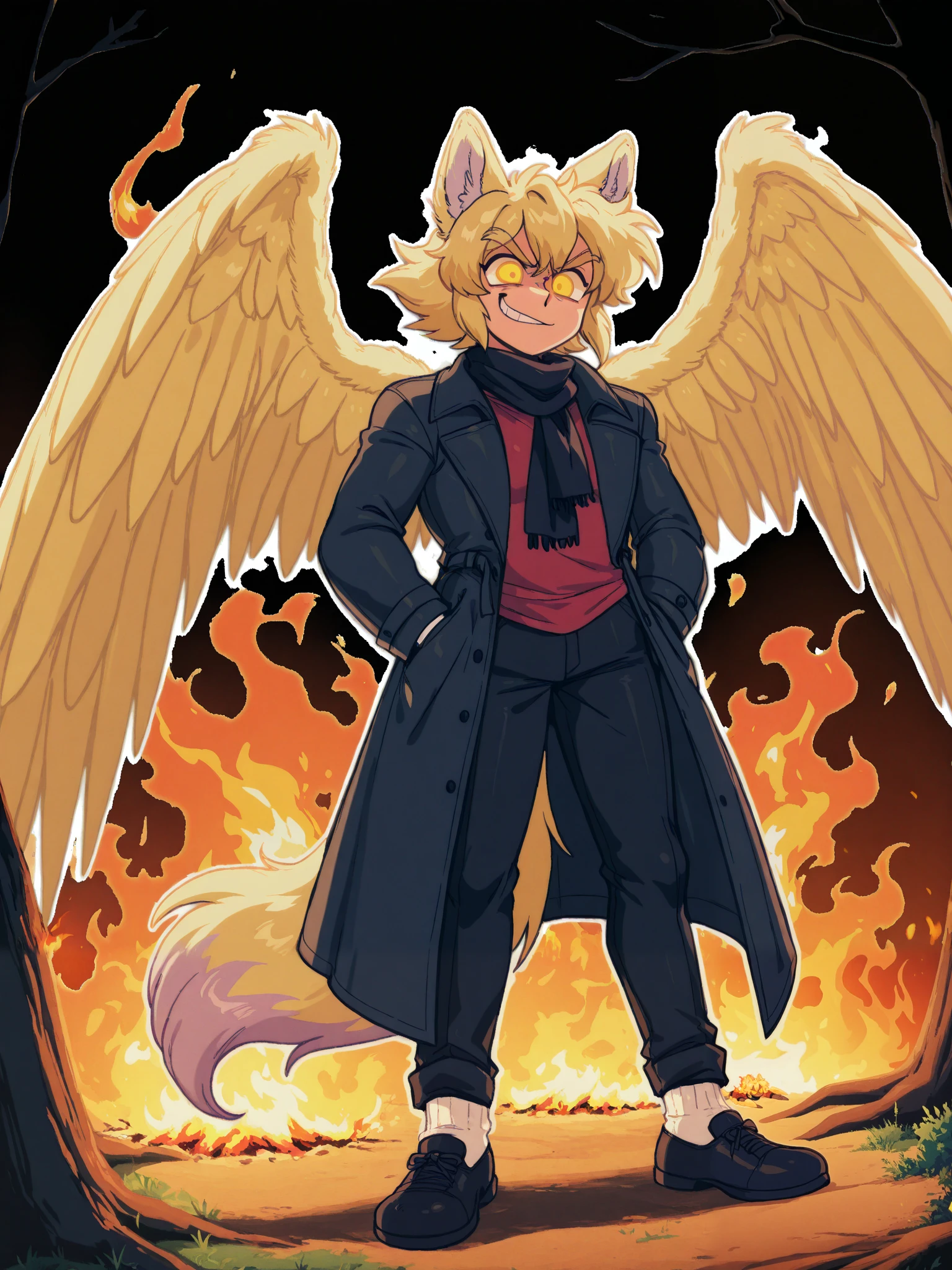 1male, smirk, black tophat, hands on pockets, bright sunny day, beautiful burning forest, fire, tall height, blonde hair, blonde wolf ears, blonde wolf tail, yellow wings, yellow eyes, red shirt, black trenchcoat, black scarf with purple stripe, black pants, black shoes, white socks, (masterpiece), best quality, expressive eyes, perfect face, ,score_9, score_8_up, score_7_up,source_anime,BREAK