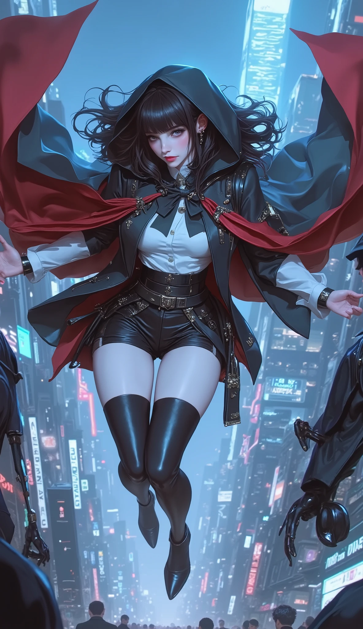 Highest quality、Highest quality、Masterpiece、girl((Metal body,Age 25、as soon as、Highest Bust、Medium Bust、Wide open chest、Red glowing eyes、Black Ear、Red Mesh、Disheveled Hair、Loincloth、thin、The best valley、Open chest、Red Cape、hair ornaments、Full body view、gas mask、Black hoodie、Black trousers、Holding a spear knife))、high quality、Beautiful Art、background((fog、cigarette、smoke、Red smoke、City))、flight、Flying Debris、Depth of text、movie、Visual Arts、Perfect Art、8K、Genuine、Special Angles