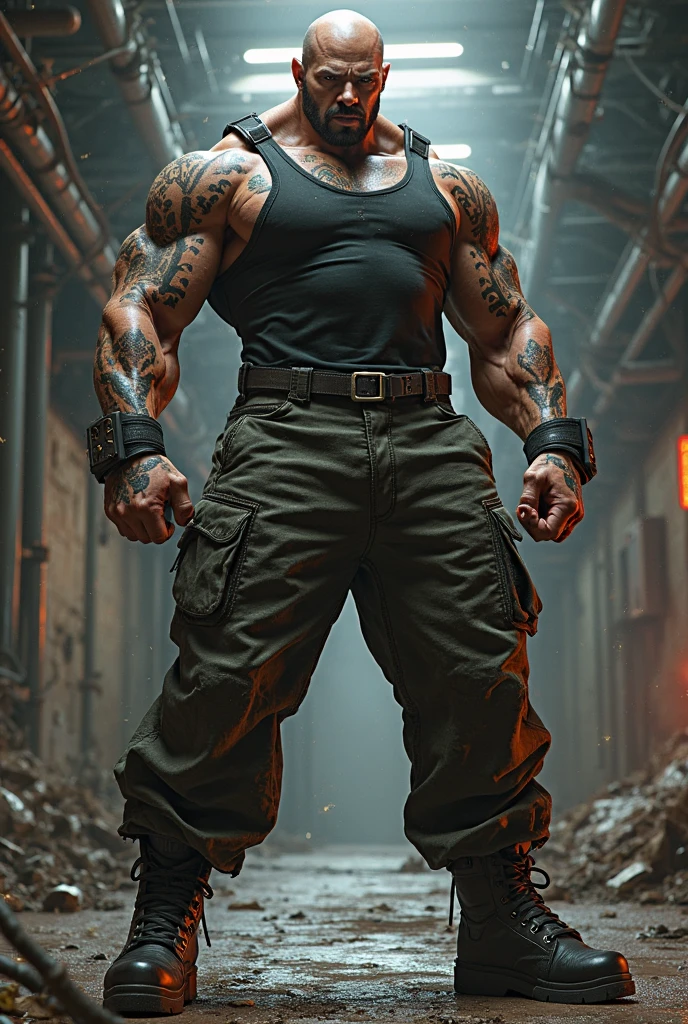 Super muscular physique in black leather pants. Often dressed openly, short, black leather vest........., high boots.., leather gloves on his hands, he has a punk rock appearance. With tattoos all over his body, highlighting his seasoned character.,Best quality, (Photorealistic:1.4).Create a dystopian masterpiece