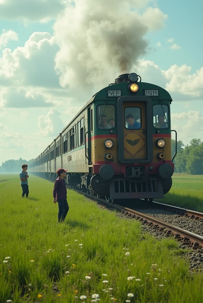 Create a scene where a determined young boy is running alongside a moving train, desperately trying to reach his girlfriend who is seated inside. The boy's face displays a mix of urgency, determination, and affection as he stretches his hand out towards her. The train is in motion, and the wind tousles their hair, adding to the sense of urgency and emotion in the moment." --auto