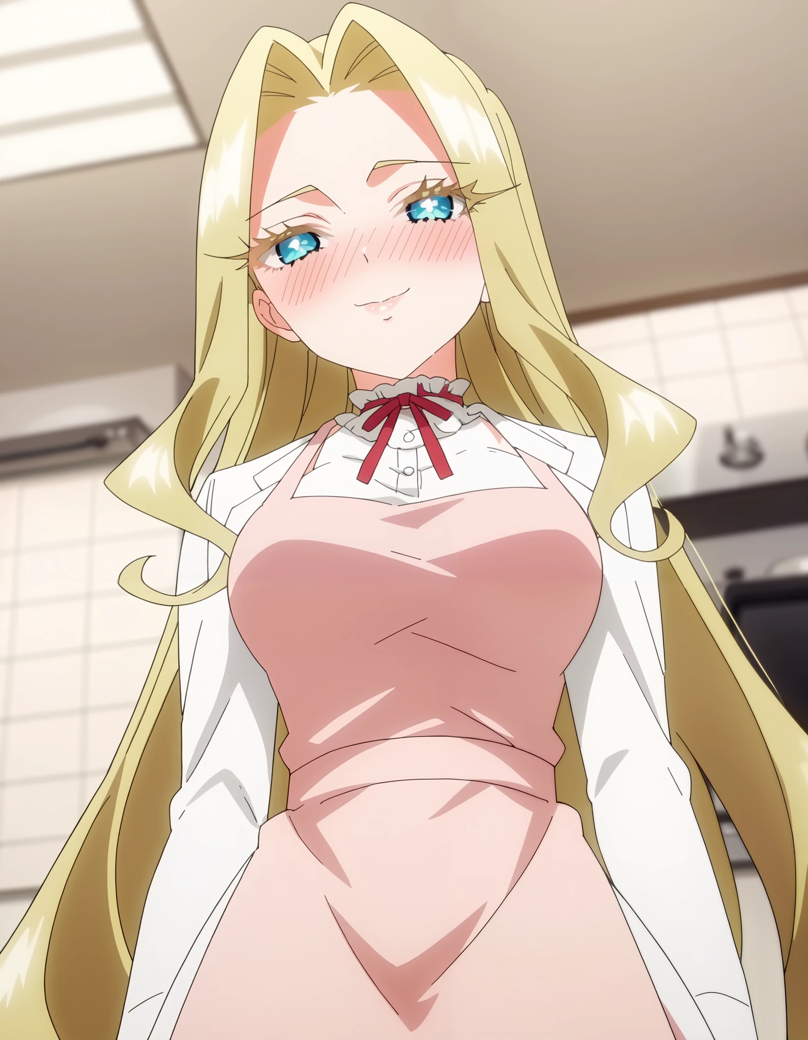 score_9, score_8_up, score_7_up, source_anime, mimimi utsukushisugi, long hair, bangs, blue eyes, blonde hair, very long hair, parted bangs, hair intakes, colored eyelashes, breasts, anime screencap,mischievous smile,shaded face,, apron, pink apron, frills, (white shirt, office shirt), red ribbon choker, blush,kitchen,1girl, breasts, solo, from below, white background, looking at viewer, simple background, looking down, upper body,bright pupils, breast focus:1.5,close-up,shaded face,