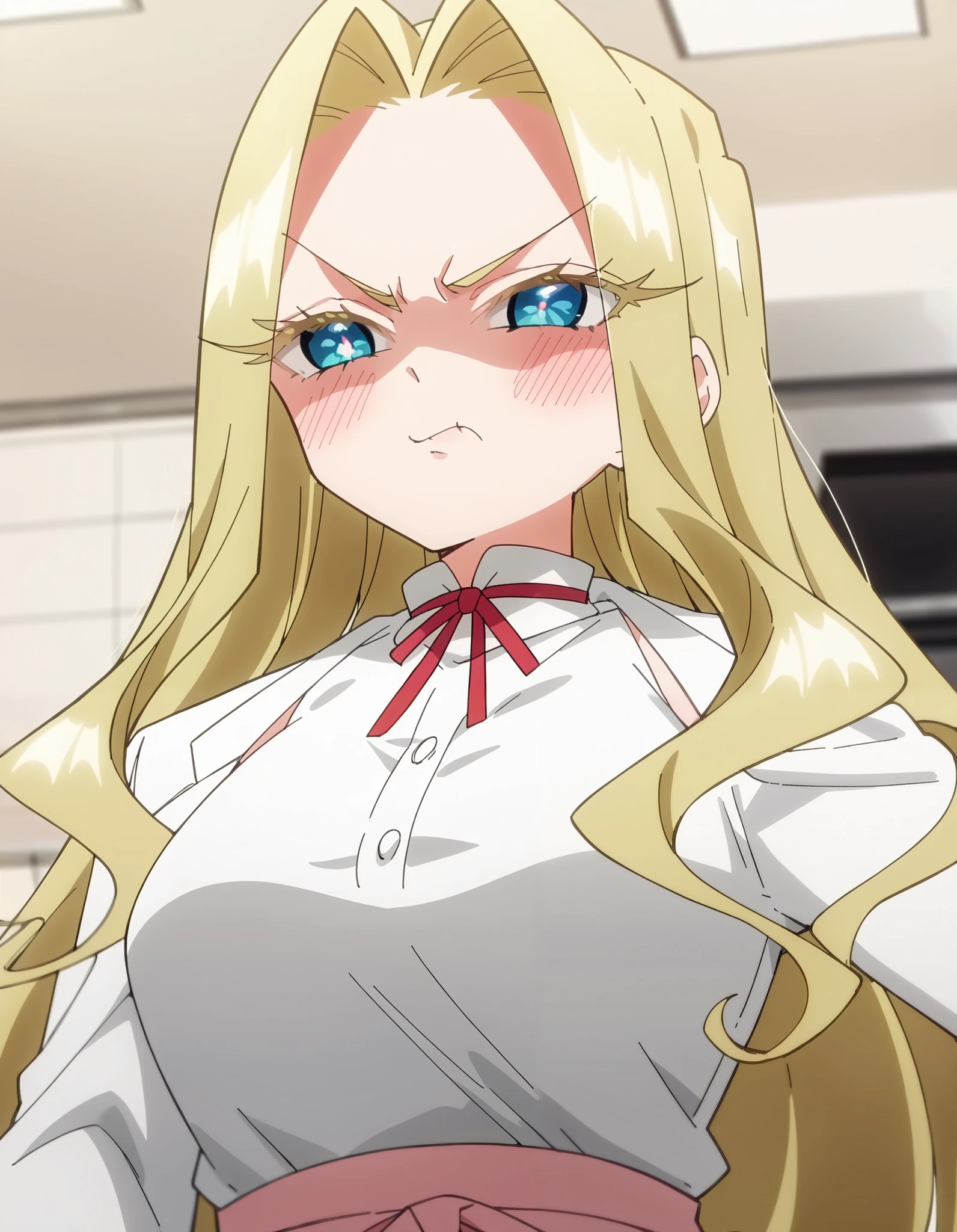 score_9, score_8_up, score_7_up, source_anime, mimimi utsukushisugi, long hair, bangs, blue eyes, blonde hair, very long hair, parted bangs, hair intakes, colored eyelashes, breasts, anime screencap,, apron, pink apron, frills, (white shirt, office shirt), red ribbon choker, blush,kitchen,disgust,1girl, breasts, solo, from below, white background, looking at viewer, simple background, looking down, upper body,bright pupils, breast focus:1.5,close-up, shaded face,