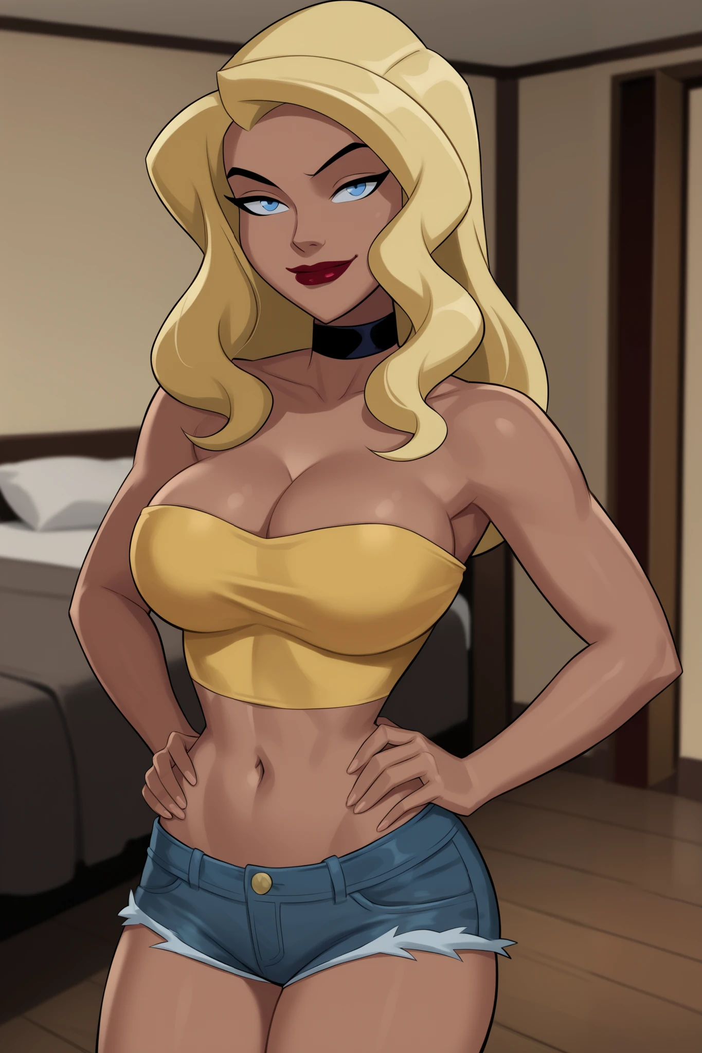 PonyXLV6_Scores BREAK ((parody), perfect anatomy, perfect eyes, cowboy shot) BREAK dinah lance, choppy bob hair, blond hair, blue eyes, dark-skinned female, ((looking at viewer)), choker, cleavage, yellow tube top, yellow jean shorts, large breasts, curvy, toned, athletic, standing, indoors, smiling, closed mouth, bedroom, confident expression, cherry red lipstick, hands on hips, raised eyebrow, seductive pose, sexually suggestive pose