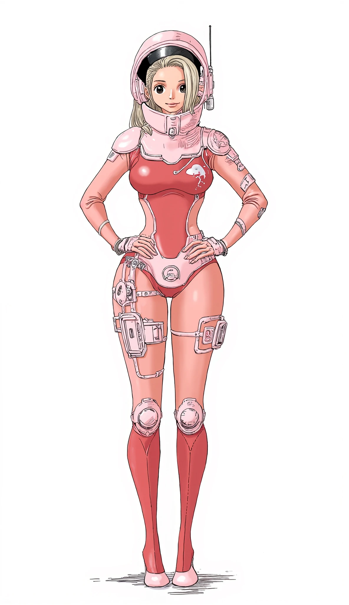 background is stark white、on3pi3c3styl3、ground、pastel collar、Easy-to-read illustrations、 detailed hands、 Details、Perfect piece、high quality、32K、Alone、alone、(full body:1.8)、(Big Breasts:1.4)、cartoon dress character design、detailed illustration、Fine Lines、Portrait Photography、 cute illustrations、( robot 、(red & pink)powered suit、Blaster)