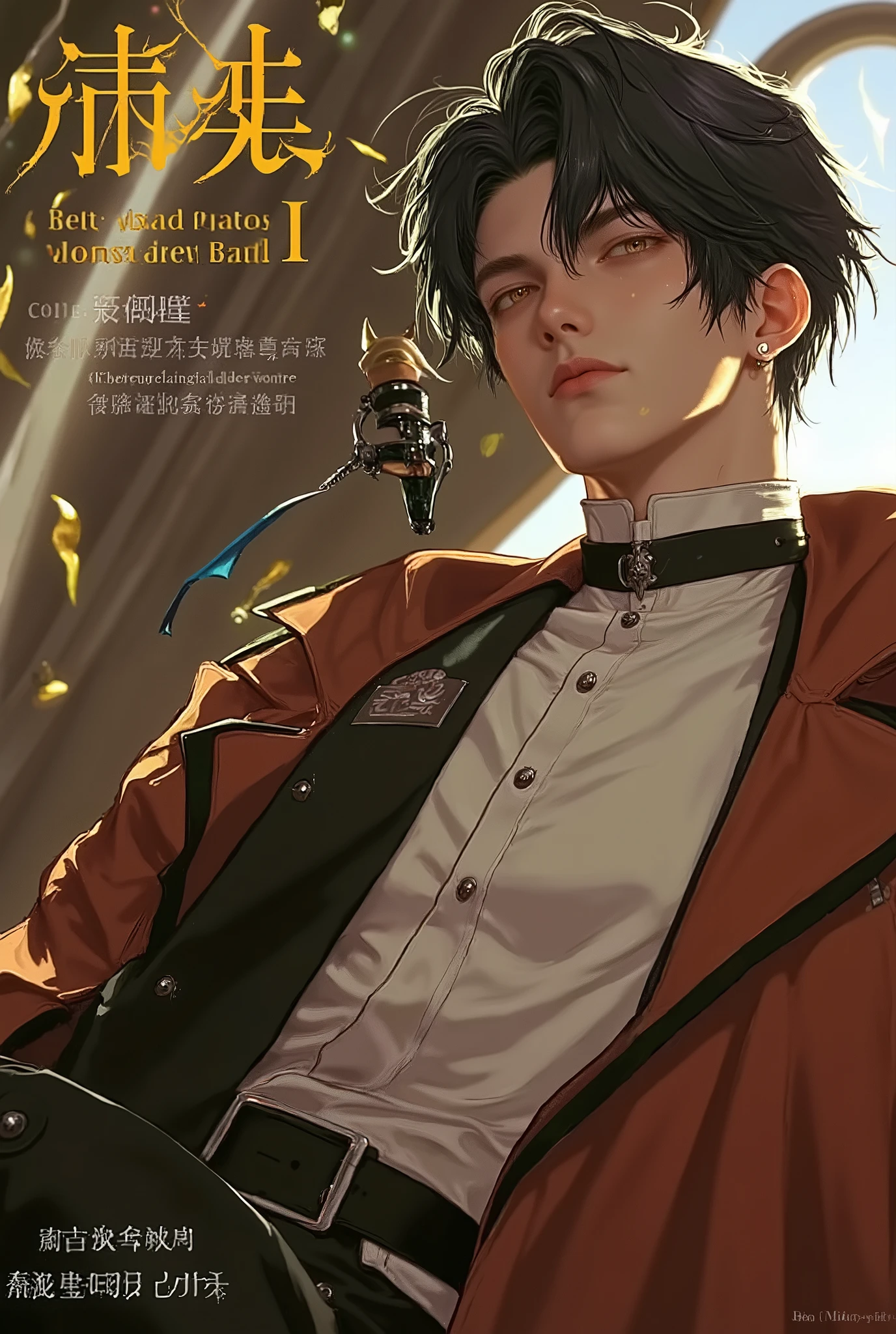 (masterpiece), (best quality), 1man, solo, male, middle part black hair, chiseled jawline, muscular, modern student, modern uniform, arrogant, confident, playful, unbothered, mighty, classroom background, forehead, majestic, aesthetic, ethereal, handsome, tall men, frown, amber eyes, stunning, detailed eyes, young adult face, magnificent background, (1men), detailed(light and shadow), light effects, cinematic camera angles, gentlemen, gentle, elegant men, elegant custom, sunset, sunlight, detailed light and shadow, cinematic scenery, (1person), (solo men), (short hair), young man, 18 years old, (exquisite art), rich, luxurious, Vibrant colors with subtle gradients), (Expressive character designs), mid journey art