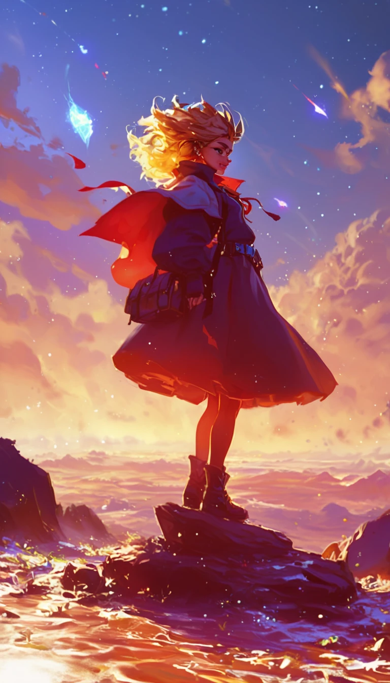 centered image, general plan , a heroic landing of a super powerful girl, landing pose:1.5, heroic and powerful looking young girl, face with kind and determined features, the cape fluttering, landing softly with a dynamic pose, futuristic cityscape of skyscrapers, bright lights , dramatic sky, technological artifacts, super detailed , artistic concept style, highly realistic digital painting, 4k, hdr, studio lighting, vibrant colors