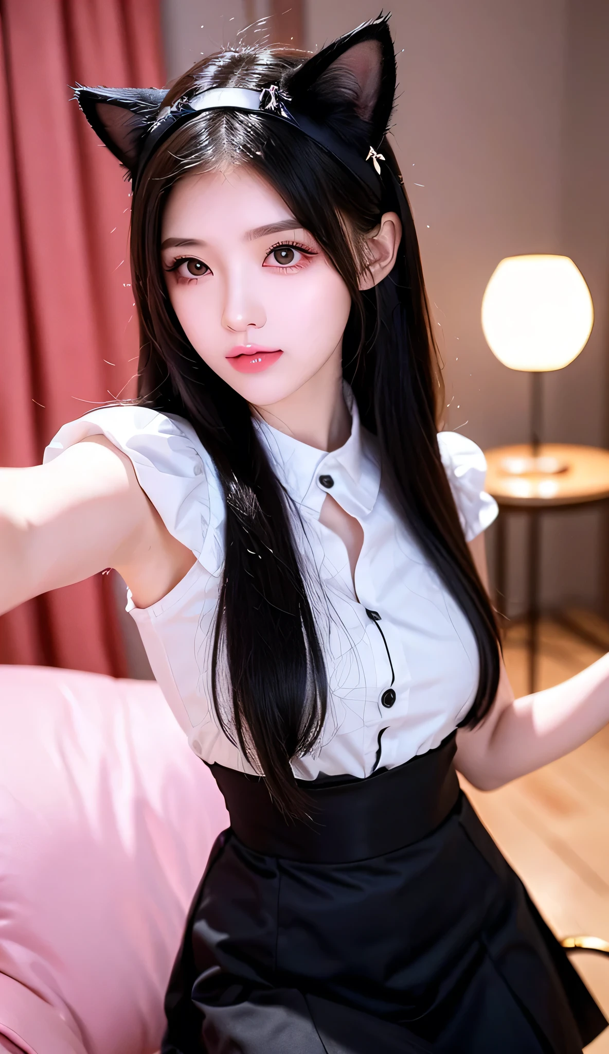 1girl, Maid outfit, cat ear shaped headband, long black hair, Selfie with mobile phone in right hand, High Details ,Excellent work, Best Quality, Dynamic Angle, (18 age old)、(Top image quality)、(8K picture quality)、Flashing red light、beautiful effects, Vivid colors, Highly detailed image textures, detailed hairs, Detailed eyes,