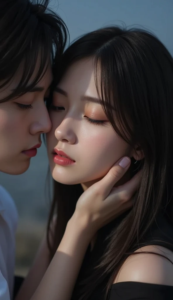 masterpiece, best quality, detailed lips, detailed face, detailed skin, 2girls, multiple girls, yuri, petite, jacket, open jacket, t shirt, small breasts, kiss, kissing, indoors