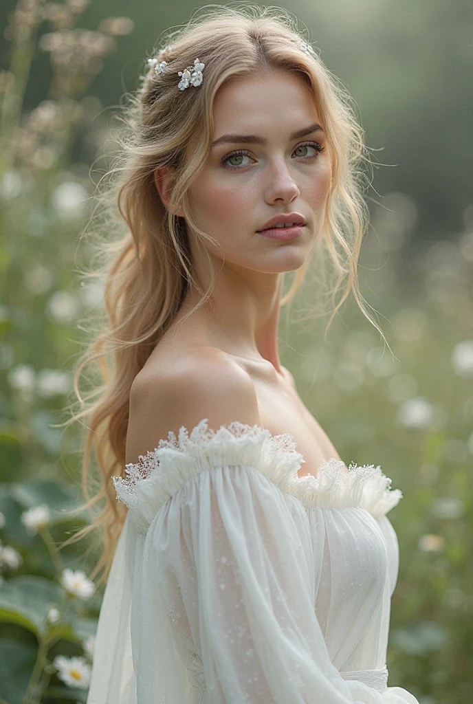 there is a woman that is holding a bunch of flowers, beautiful nordic woman, ukrainian girl, A beautiful maiden, portrait of Nordic girl, wearing a white folkdrakt dress, with flowers, cute young woman, Anna Nikonova aka Newmilky, female portrait with flowers, bautiful young woman, romanticism portrait, inspired by Viktor Vasnetsov, cute young woman