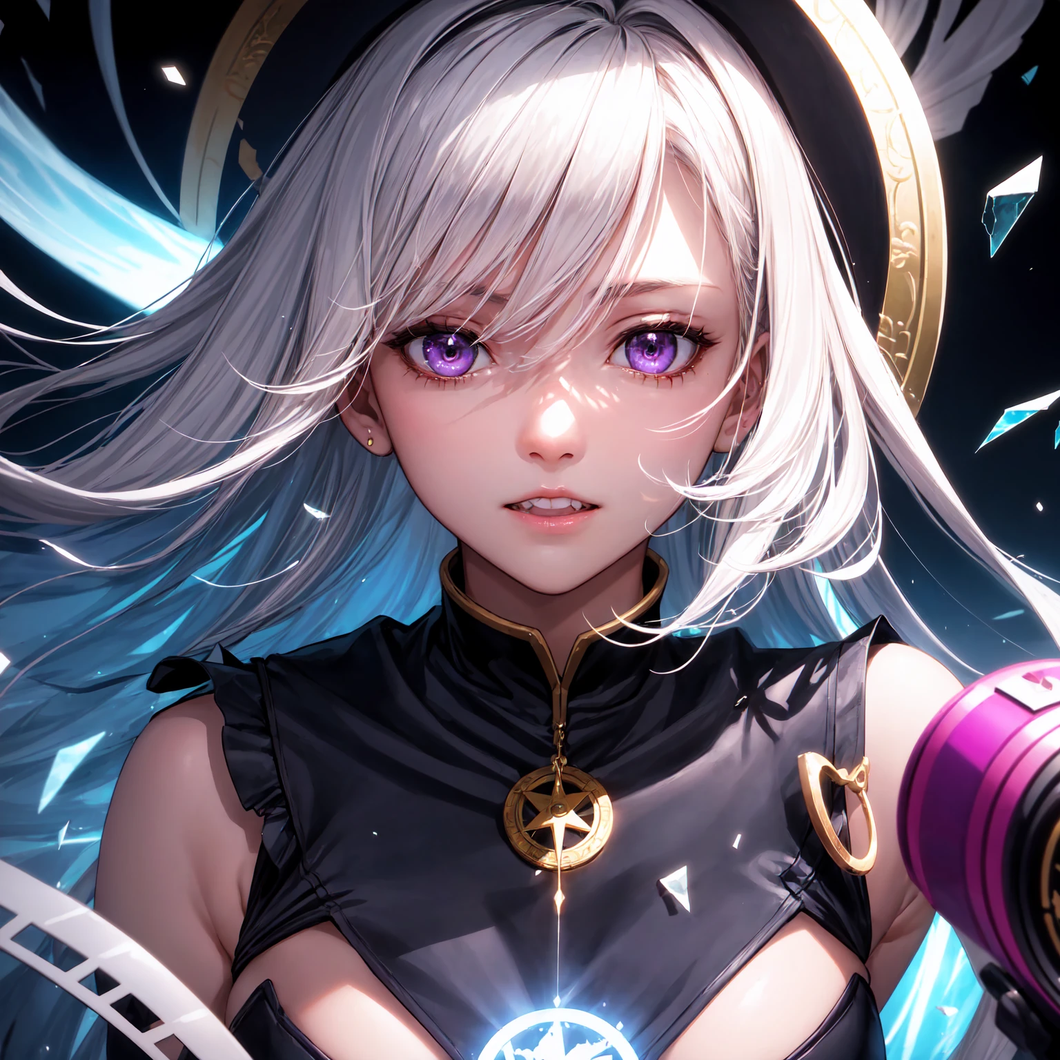 (masterpiece, best quality, ultra-detailed, best shadow), (detailed background,dark fantasy), (beautiful detailed face), high contrast, (best illumination, an extremely delicate and beautiful), ((cinematic light)), colorful, hyper detail, dramatic light, intricate details, (1girl, solo,white hair, sharp face,purple eyes, hair between eyes,dynamic angle), blood splatter, swirling black light around the character, depth of field,black light particles,(broken glass),magic circle,