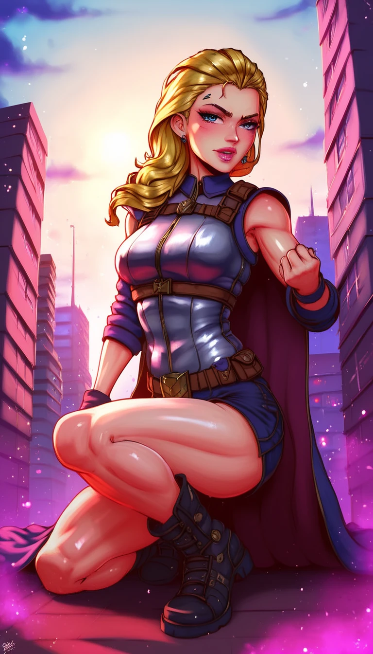 centered image,  general plan , a heroic landing of a super powerful girl, landing pose with one knee and one arm on the ground, The earth is lifted by the impact of the landing :1.5, heroic and powerful looking young girl, face with kind and determined features, the cape fluttering, landing softly with a dynamic pose, futuristic cityscape of skyscrapers,  bright lights , dramatic sky, technological artifacts,  super detailed , artistic concept style, highly realistic digital painting, 4k, hdr, studio lighting, vibrant colors