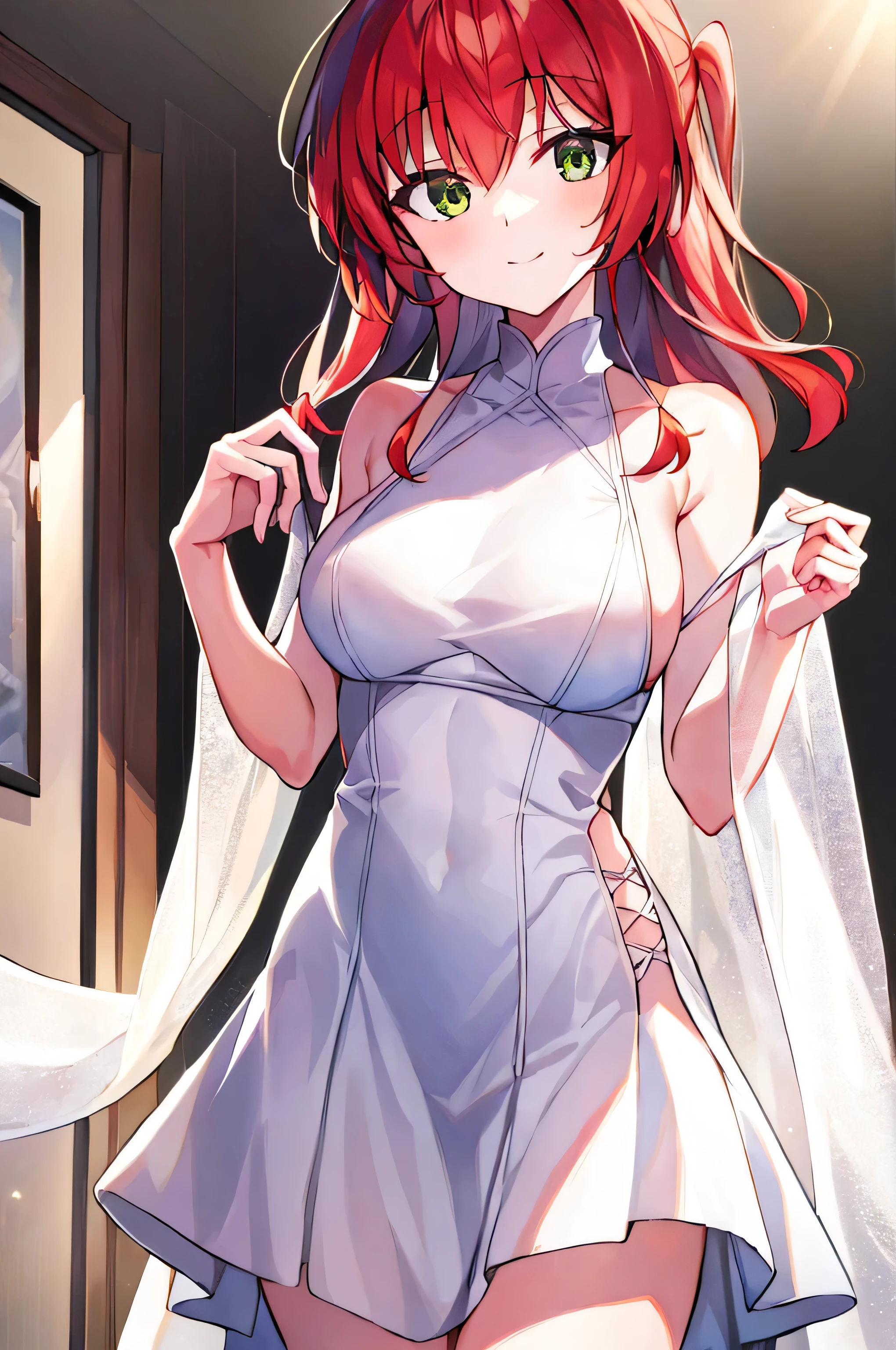 ((masterpiece)), ((best quality)), ((illustration)), ((anime coloring)), ((8k)), nsfw, vulgarity, (pointy breasts), narrow waist, ((detailed lacework sheer wedding dress)), stockings, cute, a anime 20s female, ((dark skin:1.4)), red hair, green tale, ponytail, smile, ((front view)), bedroom, night,