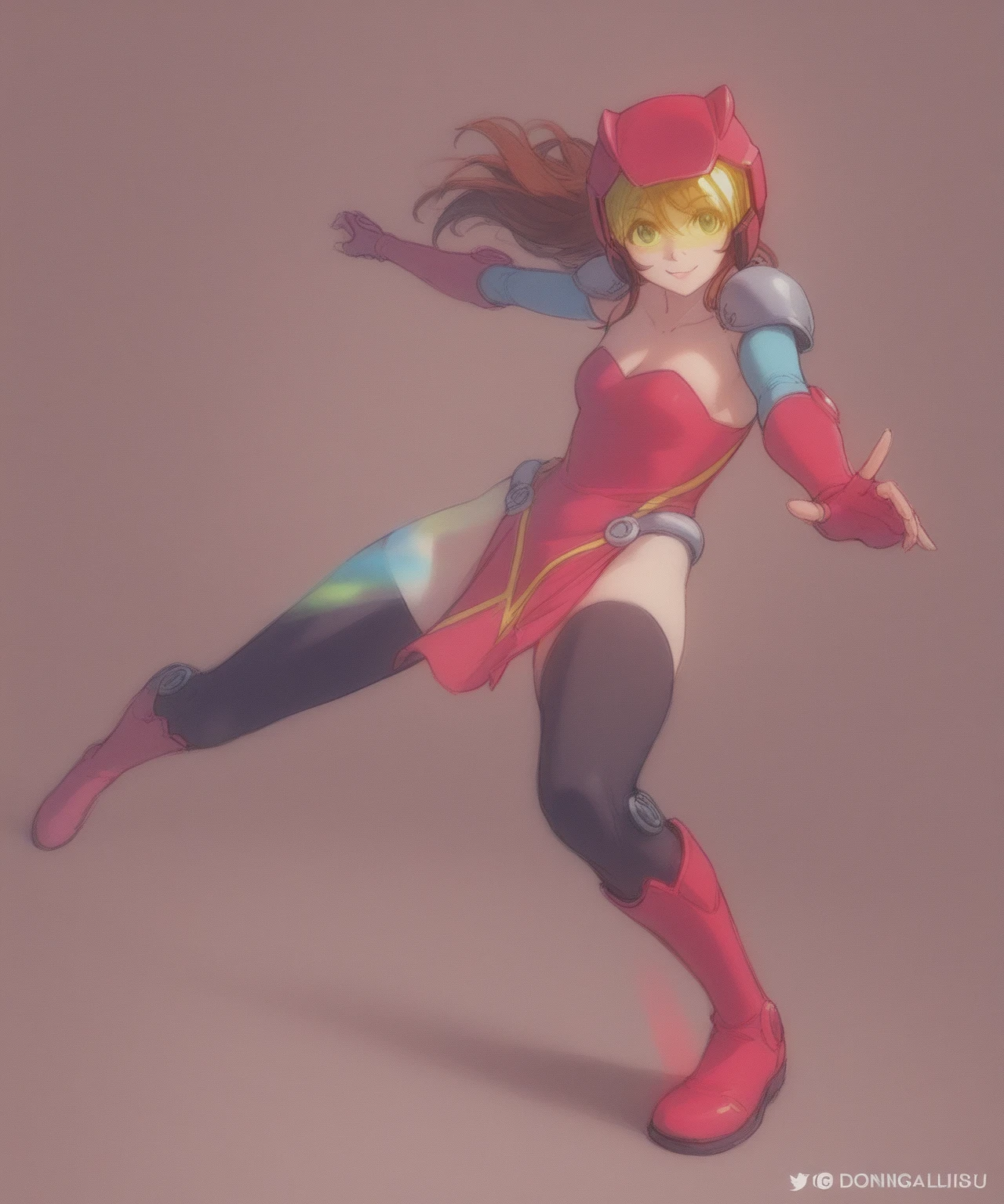1girl, solo, solo focus, a female superhero spins in place like a tornado, medium breasts, standing straight, leotard, red and blue leotard, bare legs, boots, matching boots, gloves, matching gloves, brown hair, spiral lines, ((full body:1.5)), ((perfect anatomy)), ((perfect hands)), ((super detailed)), (((perfect face))),