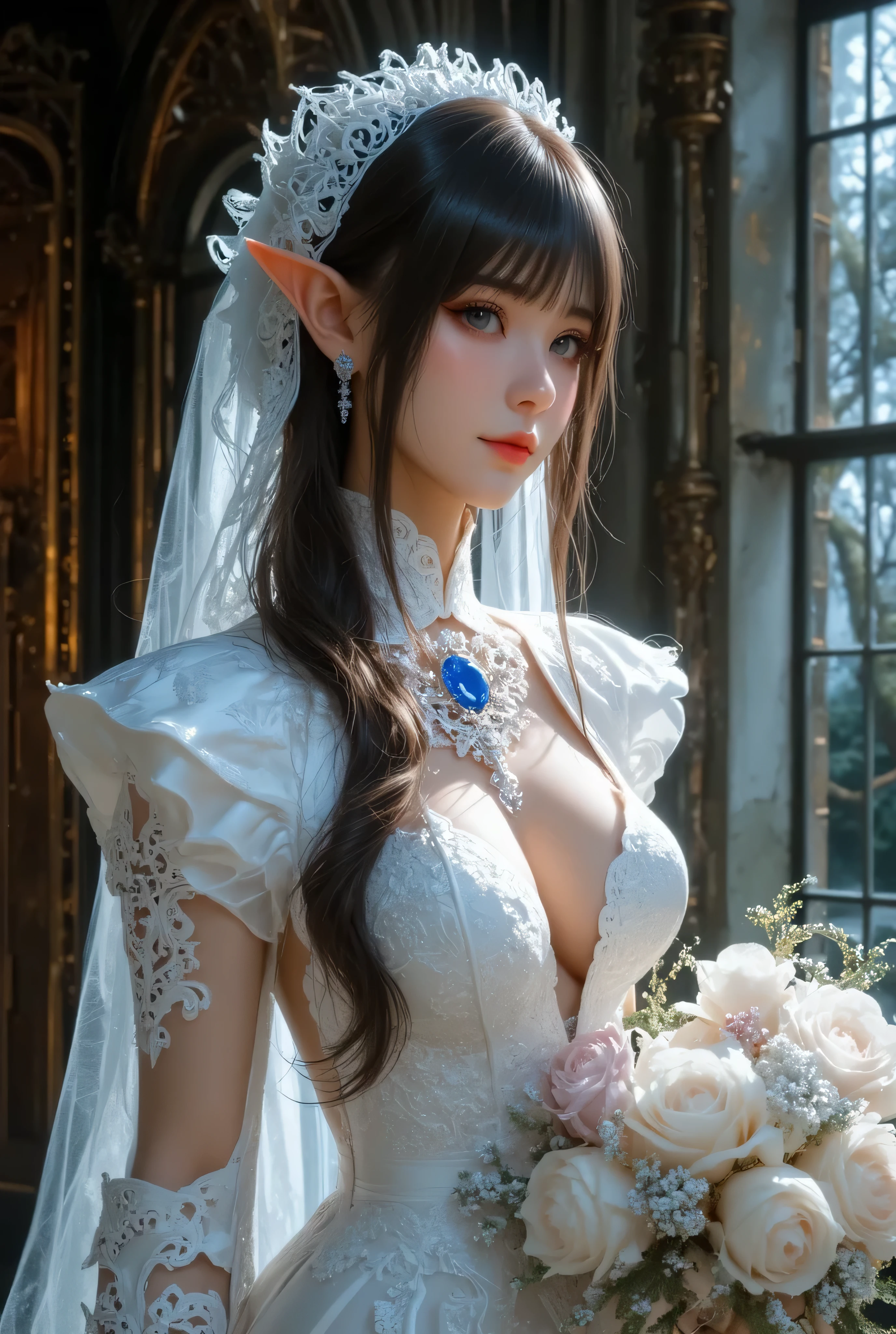8K分辨率、(top-quality)、(tmasterpiece)、(ultra - detailed)、1 Elf beauty、a matural female、unbelievable Ridiculous、(white wedding gown)、raining day、(Get wet)、Elf long ears、flor branca、Under the eaves、Sateen、neonlight、long white hair、hair-bun、Brightly Colored Eyes、Hands in pockets、Wedding dress、drippy,Normal body proportions,Normal posture