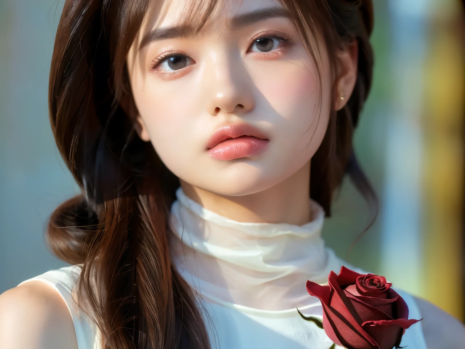 Arafed woman with a rose in her hair and a white shirt - SeaArt AI