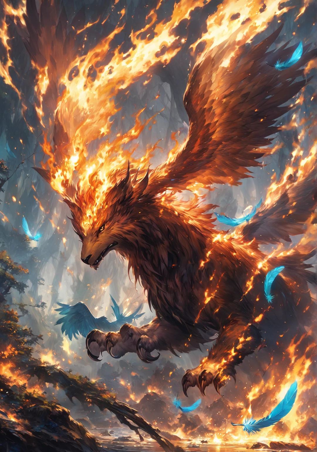 Mythical beasts come out of their cages and fly in the sky, clouds, lightning, flames, tornadoes