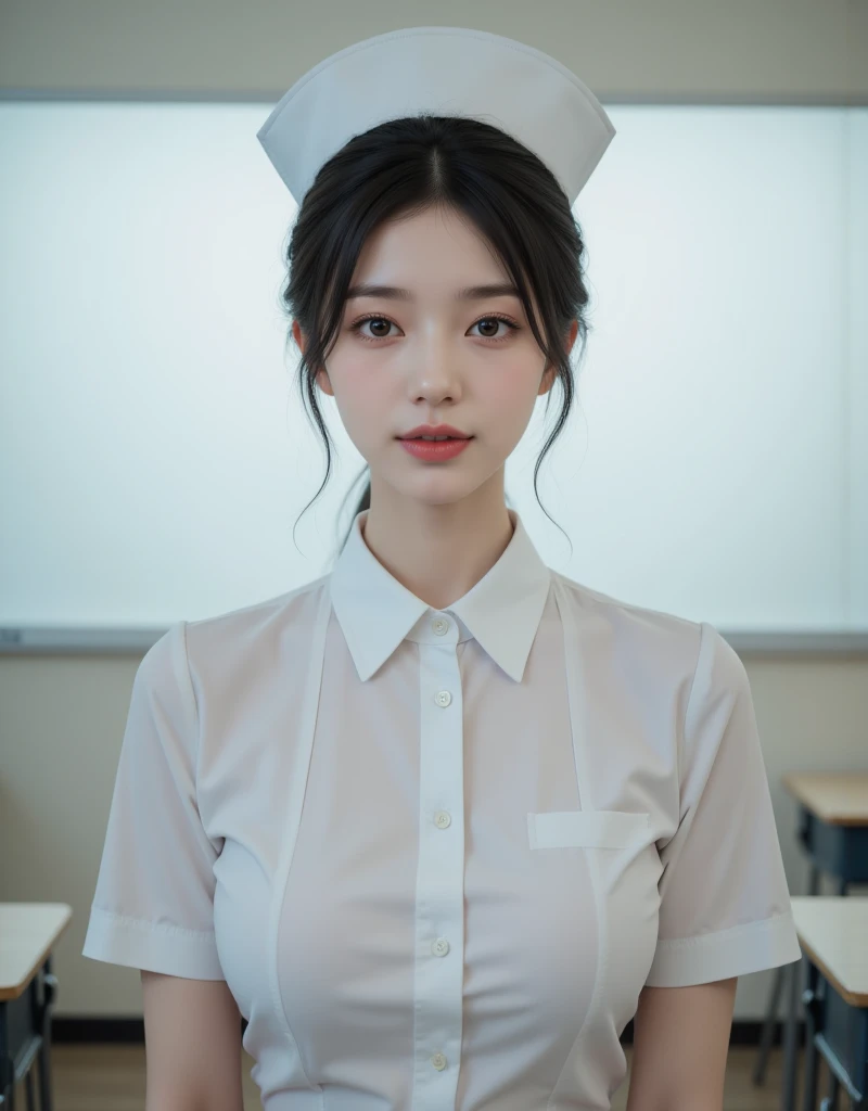 ((masterpiece,Highest quality)), 22-year-old girl, Asian Face, Ultra-realistic skin texture, Proportionate Body, Large Breasts, Hair Bun, White nurse uniform, hospital, walk, Bright bokeh background, RAW Photos, Side view photo shot, 
