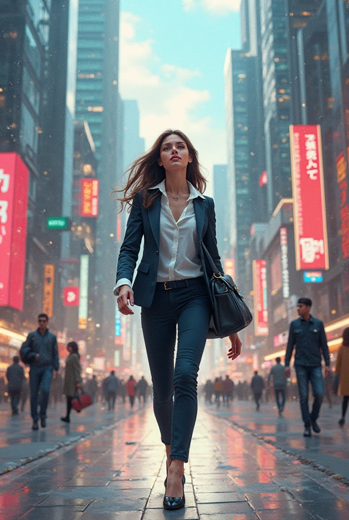 a left side profile view of a full body woman, walking down a street, carrying a bag in left hand