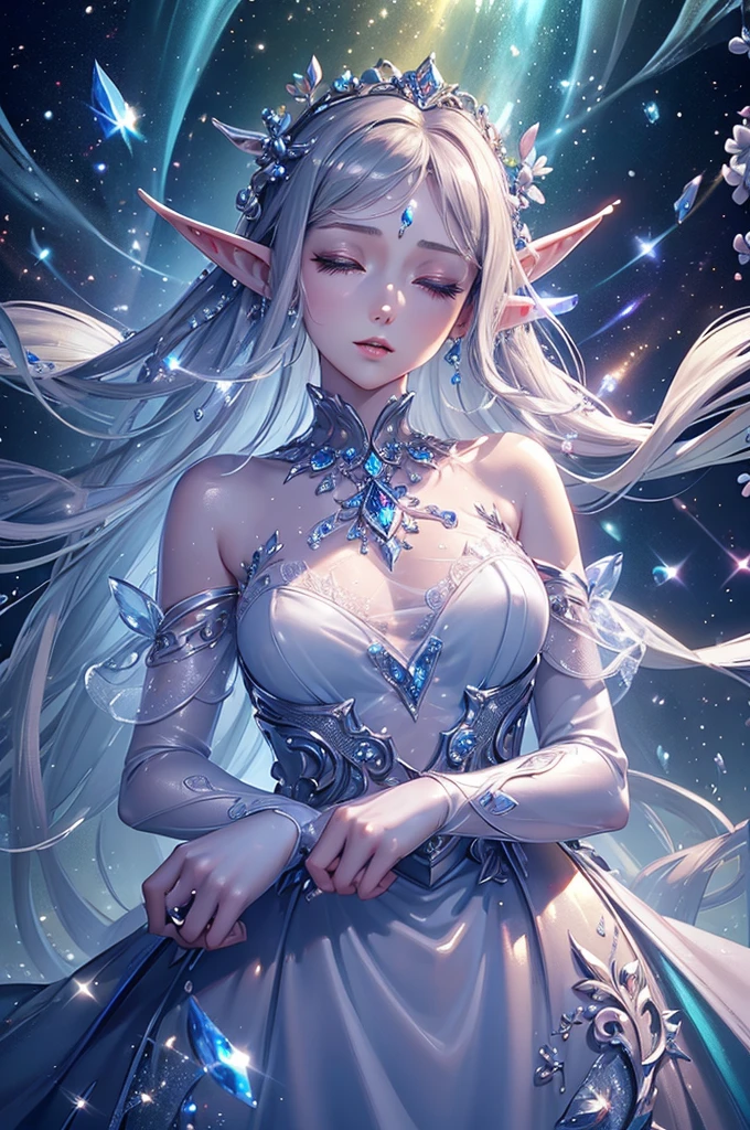 (masterpiece、Highest品質、Highest、Official Art、beautifully、aesthetic、exposed for a long time:1.2)、Smooth movement、Attractive patterns、One Girl、(Long dress with sleeves:1.3)、(((White clothes)))、Upper Body close-up、Expose your shoulders、Korean Girls、smile、Light purple long hair、Portraiture、alone、Upper Body、Looking at the observer、Detailed Background、Detailed face、(Crystallized AI、Crystal Theme:1.1)、Elemental Wind Elf、回転Wind、 Wind、White crystal clothes、Dynamic pose、Suspended particles、Aether Dynamics、旋Wind、vapor、背景に旋Wind、White Tone、旋Wind、Ethereal atmosphere、
