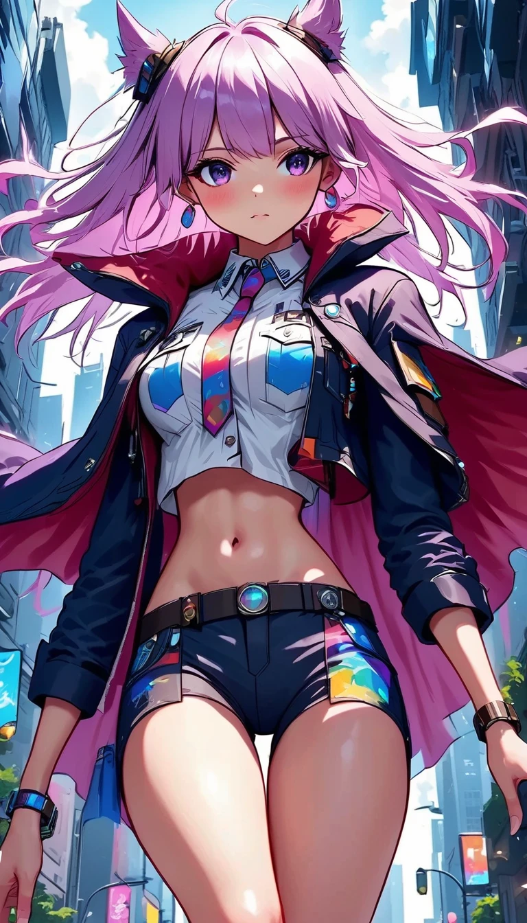 centered image, general plan , a heroic landing of a super powerful girl, landing pose:1.5, heroic and powerful looking young girl, face with kind and determined features, the cape fluttering, landing softly with a dynamic pose, futuristic cityscape of skyscrapers, bright lights , dramatic sky, technological artifacts, super detailed , artistic concept style, highly realistic digital painting, 4k, hdr, studio lighting, vibrant colors