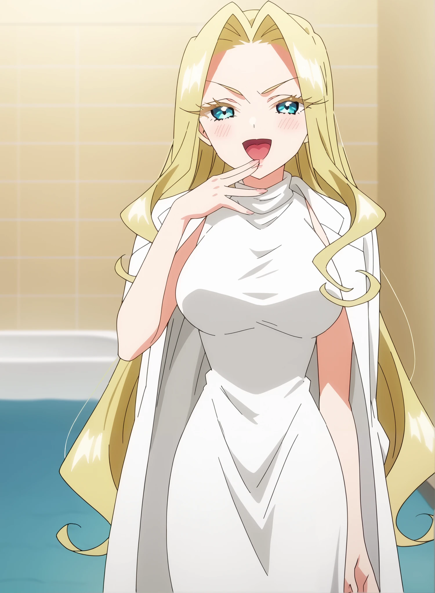 score_9, score_8_up, score_7_up, source_anime, mimimi utsukushisugi, long hair, bangs, blue eyes, blonde hair, very long hair, parted bangs, hair intakes, colored eyelashes, breasts, anime screencap, dress, jacket, sleeveless, white dress, sleeveless dress, white jacket, jacket on shoulders,, bathtub, water, bubbles, steam, towel, smile, ojou-sama pose, laughing, smug, hand to own mouth, open mouth,, looking at viewer, solo,, cowboy shot, solo